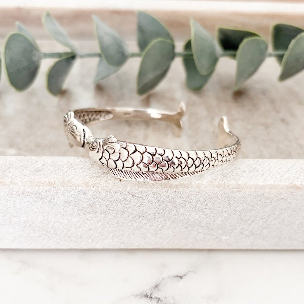 925 Sterling Silver Cuff Bracelet Fish Bracelet Bangle Bracelet - Picture 4 of 8